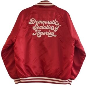 Democratic Socialists of America Red White Embroidered Satin Snap Button Jacket